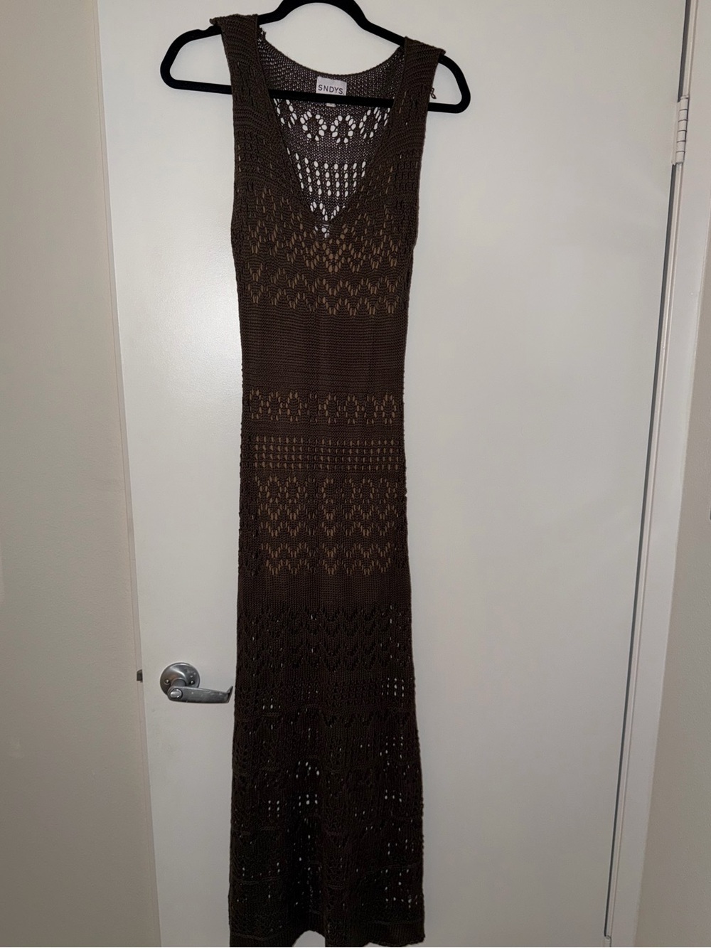 SNDYS Brown Crochet Maxi Dress — Sleeveless V-Neck